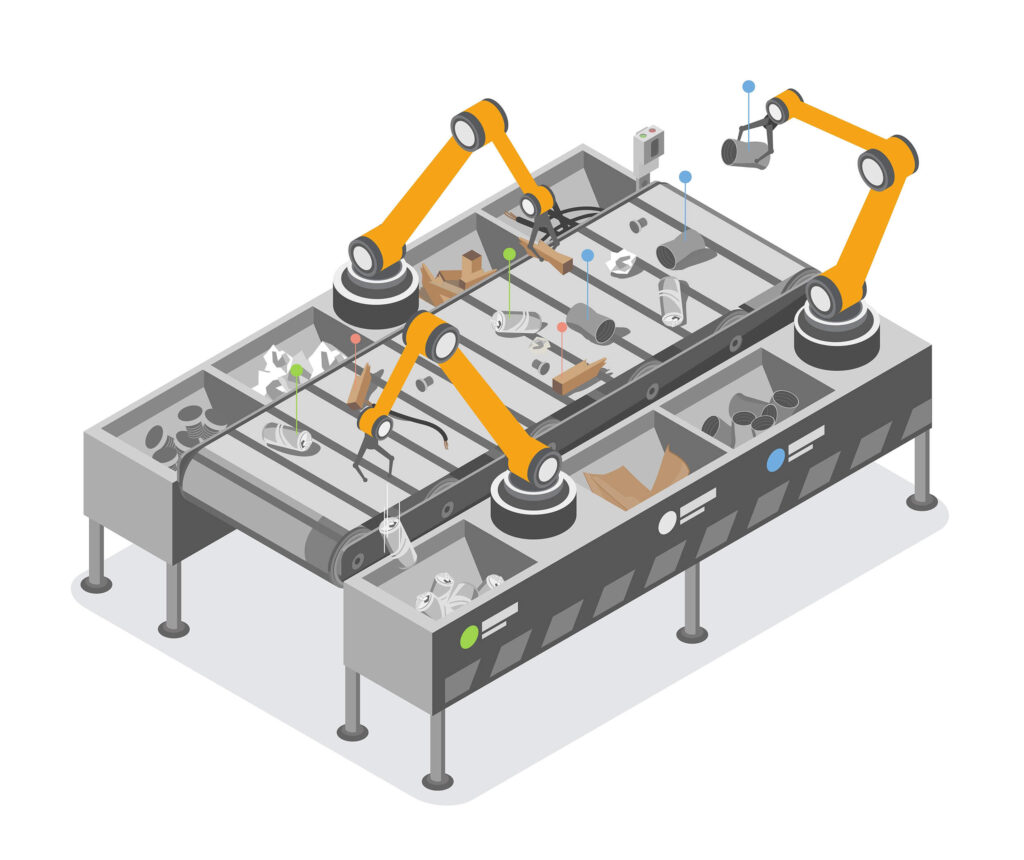 Illustration of robotic arms sorting recycling on a conveyer belt