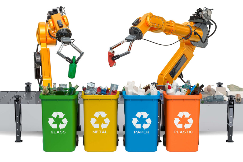 Robotic arms sorting trash and recycling into separate bins for plastic, glass, etc.